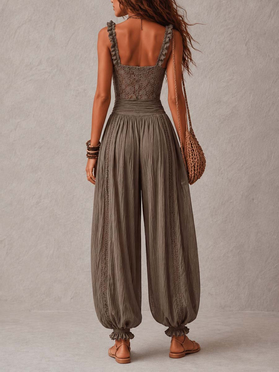 Conjunto de encaje gris y pantalones harem de algodón plisados