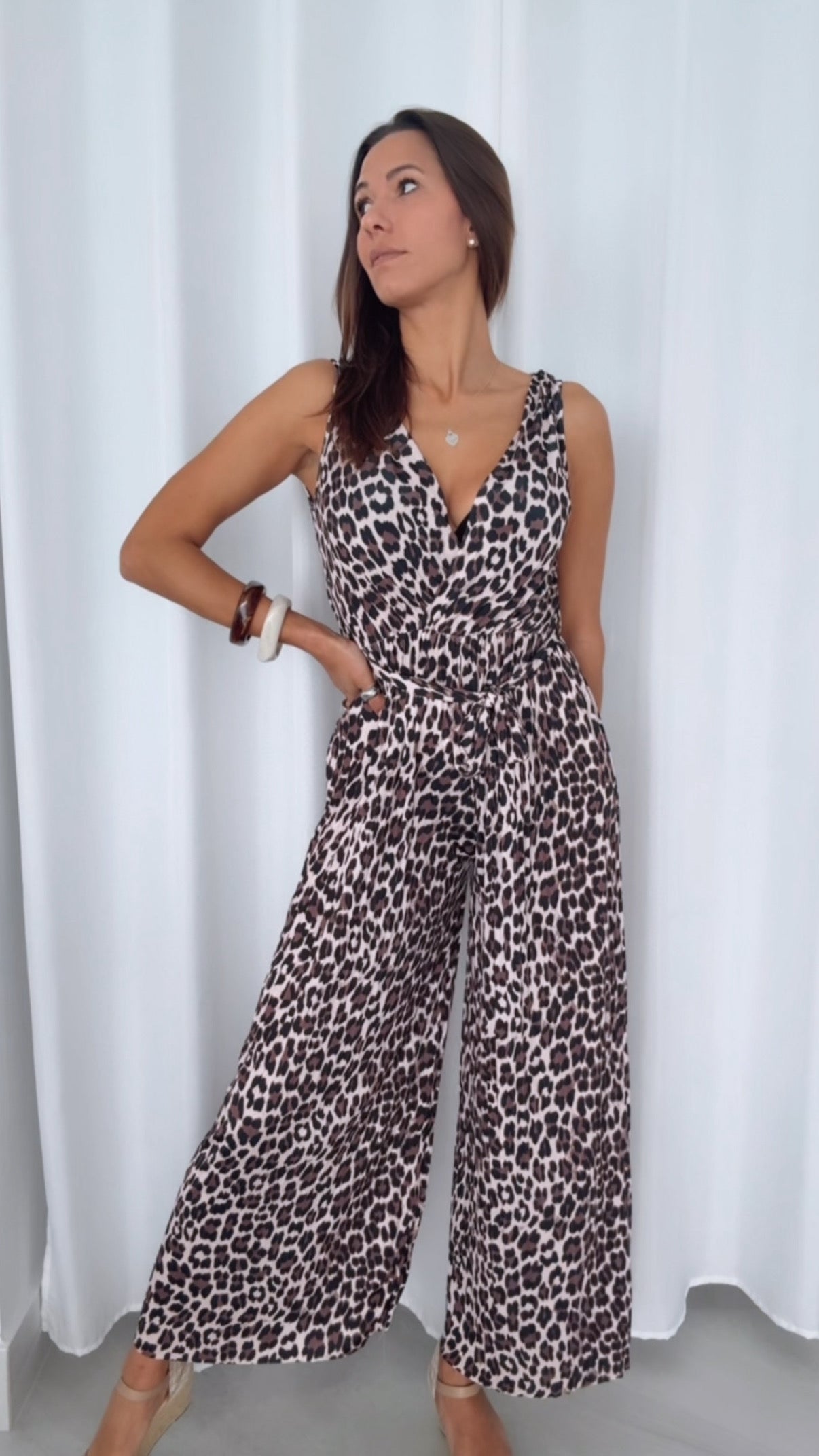 LEO langer Plissee Jumpsuit, schöner Ausschnitt / creme - braun - schwarz Art. 14317