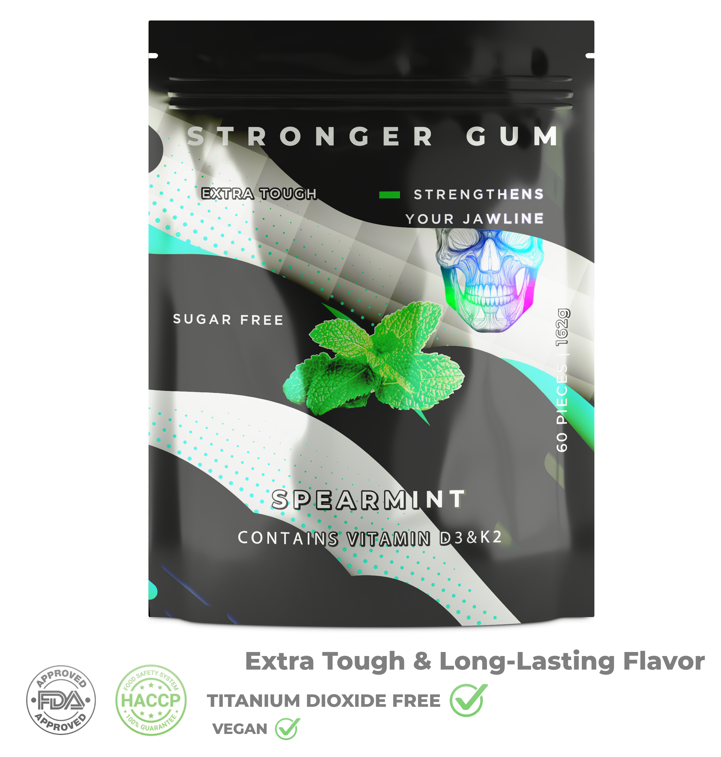 Extra Resistente: Spearmint sin azúcar, 60 Piezas (162 g) - Chicle duro | Rigidez Shore específica para el crecimiento de la mandíbula