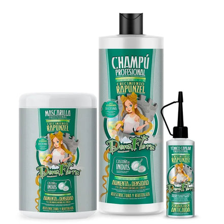 Dona Flora Rapunzel Hair Care Pack 3 Products - 1000ml Shampoo, 1000ml Mask, 70ml Tonic for Hair Growth, formulated with biotin and argan oil to strengthen and revitalize thinning hair effectively.