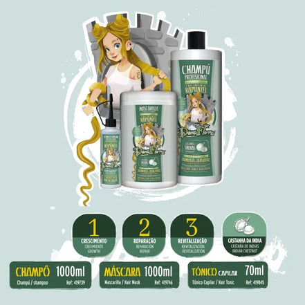 Dona Flora Rapunzel Hair Care Pack 3 Products - 1000ml Shampoo, 1000ml Mask, 70ml Tonic for Hair Growth, formulated with biotin and argan oil to strengthen and revitalize thinning hair effectively.