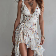 Mini Robe Blanche Florale Rétro Col V À Bretelles Fines