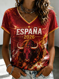 Women's Spanish Football Printed V-neck T-shirt