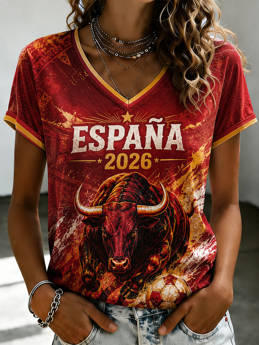 Women's Spanish Football Printed V-neck T-shirt