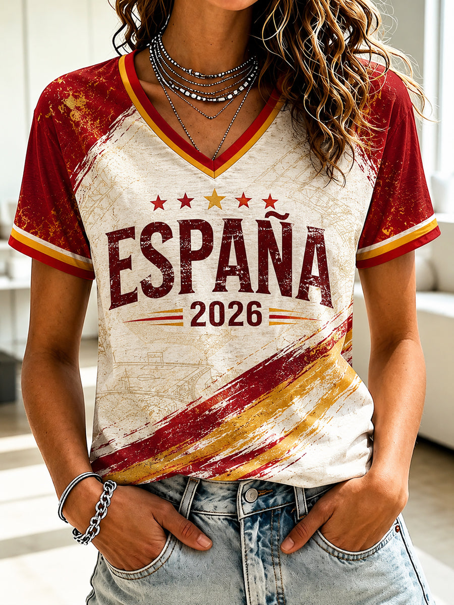 Women's Spanish Football Printed V-neck T-shirt