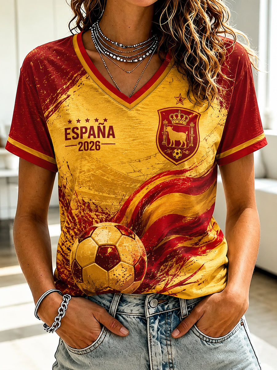 Women's Spanish Football Printed V-neck T-shirt