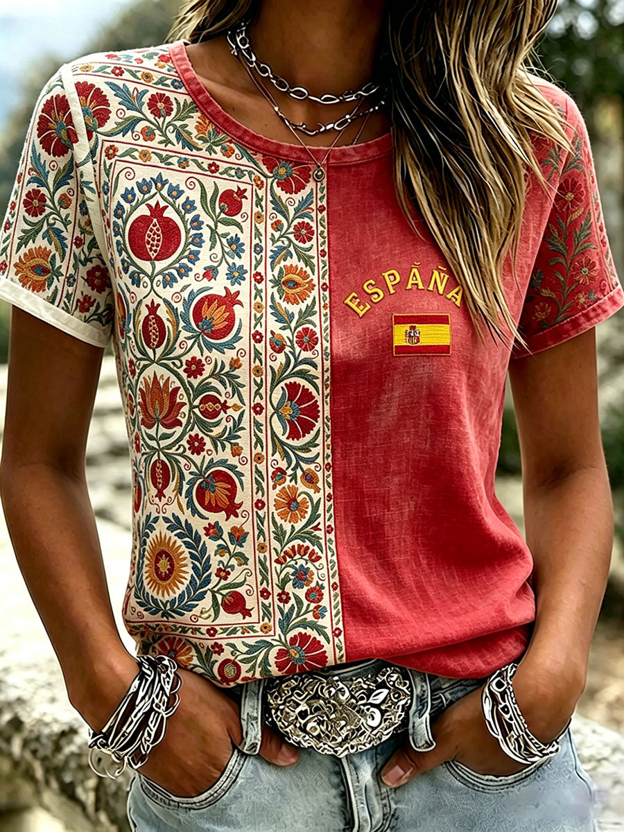 Women's Spain Football Team Inspired Traditional Pattern Print Linen Short-sleeved T-shirt