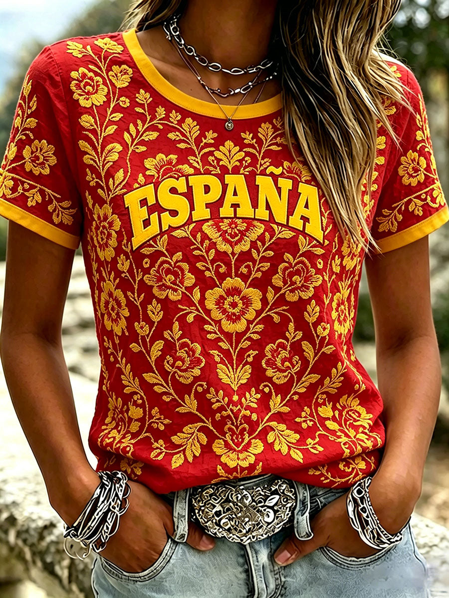 Women's Vintage Spain Football Team Inspired Print Linen Short-sleeved T-shirt